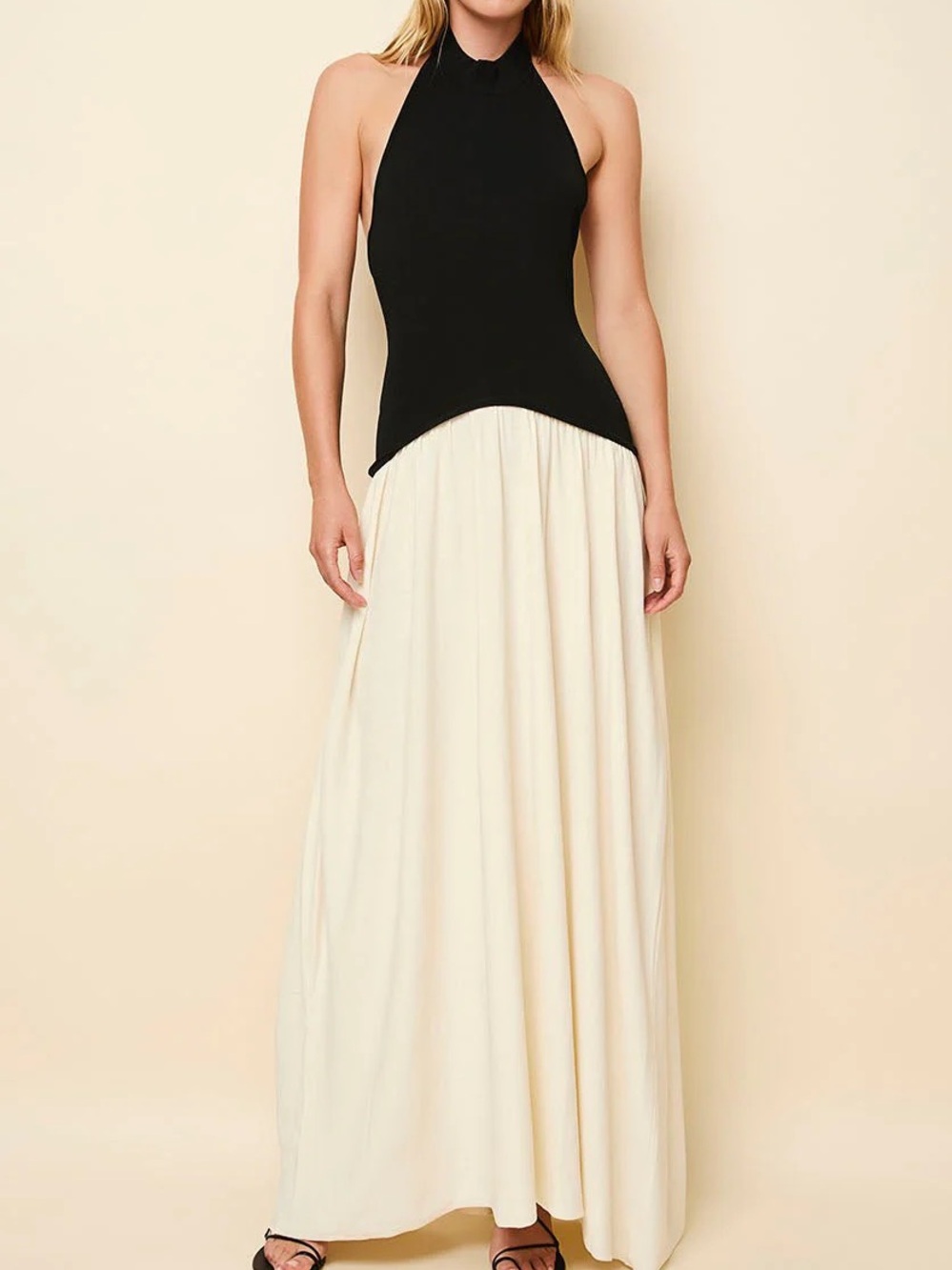 SOLID & STRIPED Black and Cream Halter Maxi Dress